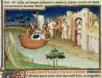 Fr 2810 f.14v, Marco Polo med elefanter och kameler som anländer till Hormuz vid Persiska viken från Indien, från 